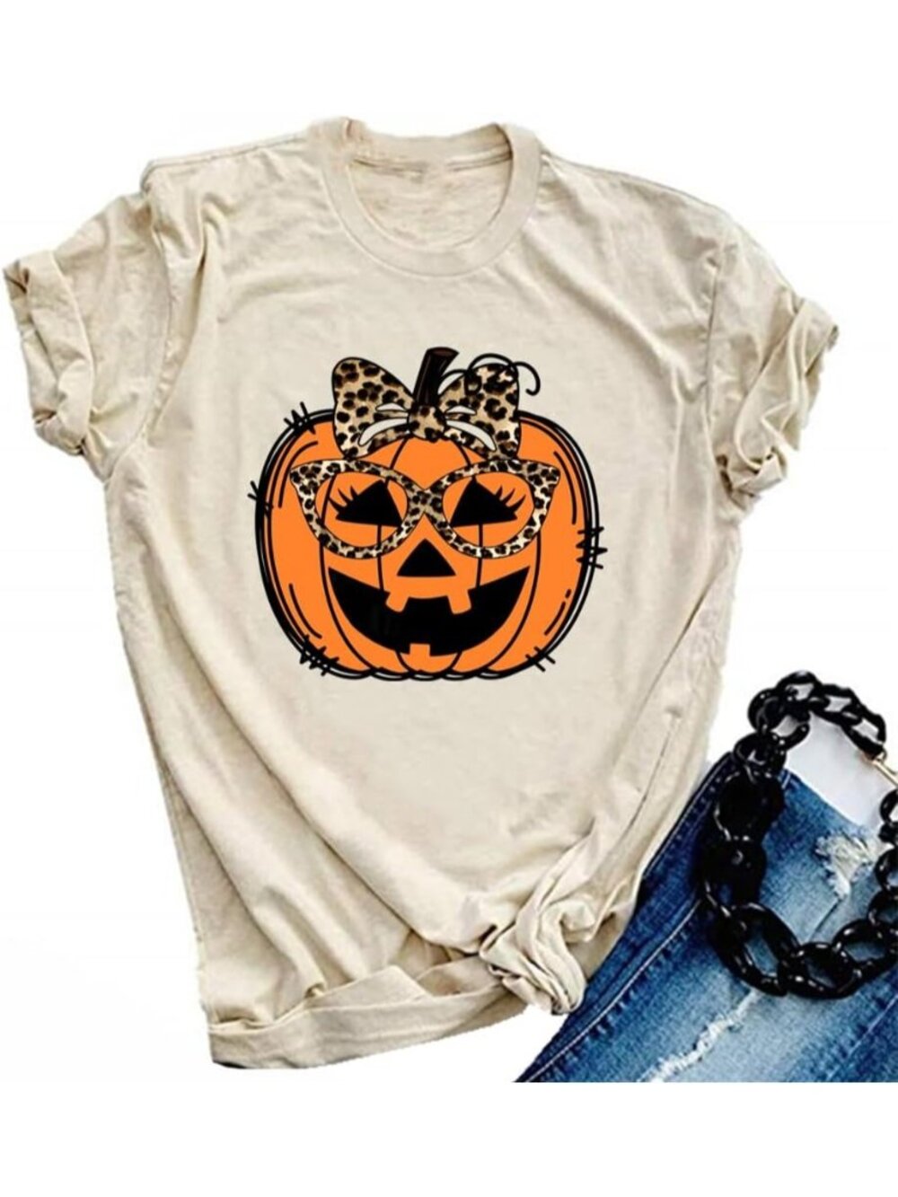 🆕 Women's Beige Leopard Bow Pumpkin Halloween Graphic Tee Short Sleeve Shirt